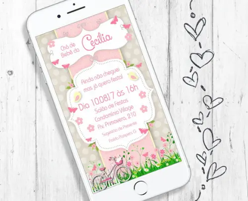 Convite Digital Chá de Bebê Menina floral jardim delicado