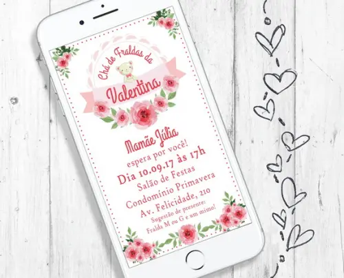 Convite Digital Chá de Bebê Menina Ursinho floral