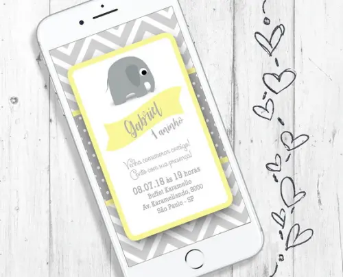 Convite Digital Chá de Bebê Menino elefante cinza e amarelo