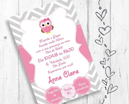 Convite Digital Chá de Bebê Menina Coruja cinza e rosa