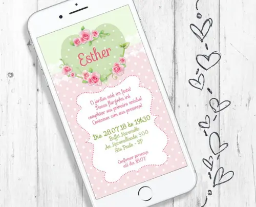 Convite Digital Chá de Bebê Menina Verde Rosa Delicado Tema