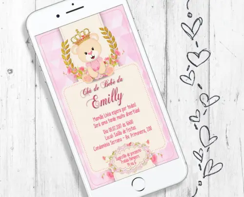 Convite Digital Chá de Bebê Ursinha Princesa menina