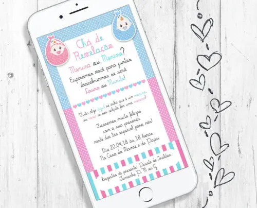 Convite Digital Chá Revelação menino menina rosa azul