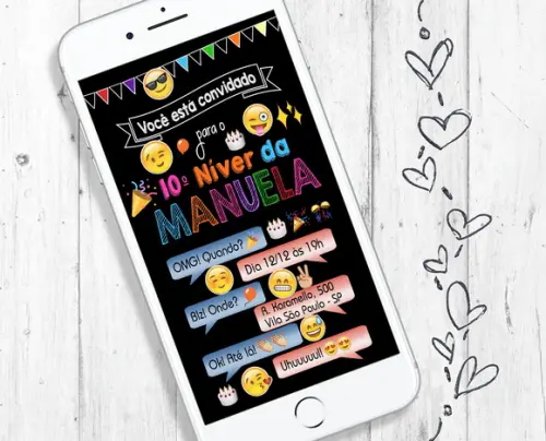 Convite Digital Emoji Aniversário Tema Menina Colorido