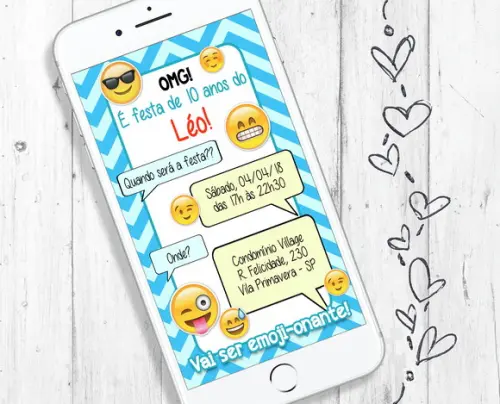 Convite Digital Emoji Aniversário Tema Menino Azul Whatsapp