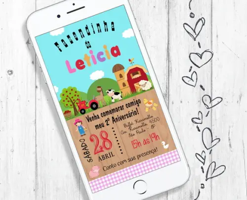 Convite Digital Festa Fazendinha Animais aniversário infantil