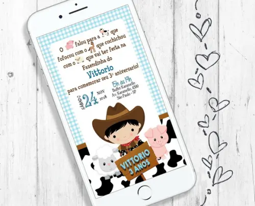 Convite Digital festa Fazendinha Animais aniversário infantil