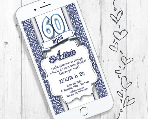 Convite Digital Festa 60 Anos aniversário sessentei tema azul