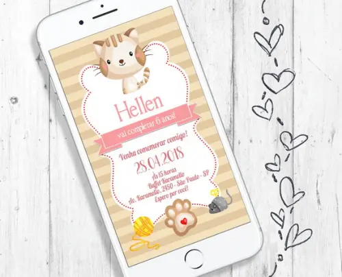 Convite Digital Festa Gatinho Delicado Tema Aniversário