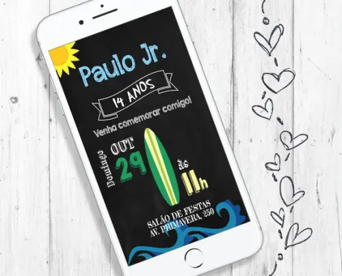 Convite Digital Festa Tema Praia Surf Prancha Menino Whatsap