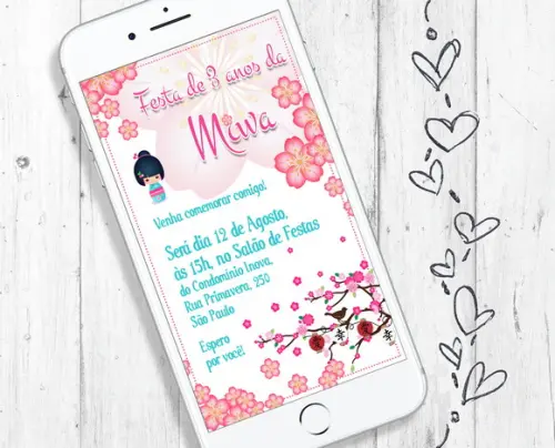 Convite Digital aniversário tema Boneca Kokeshi japonesa