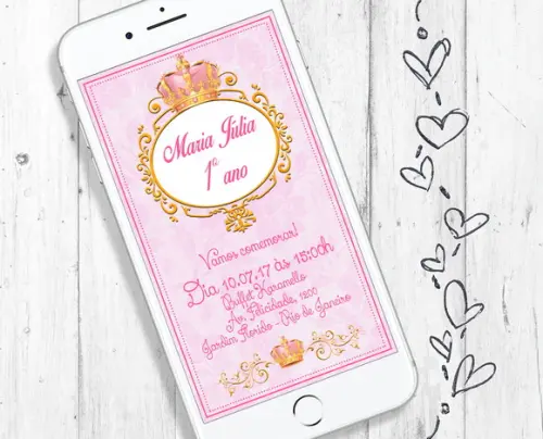 Convite Digital Realeza Princesa Aniversário Menina Coroa