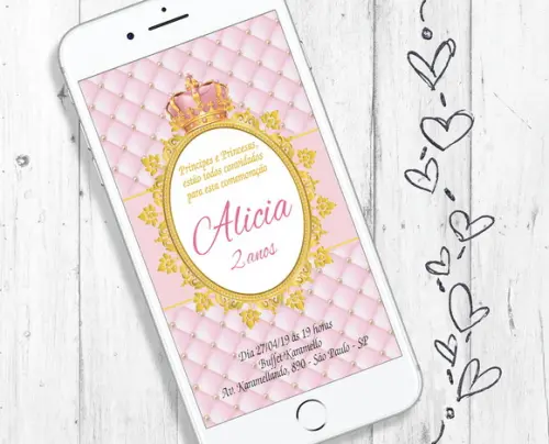 Convite Digital Realeza Princesa Rosa Tema Menina Festa