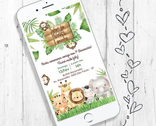 Convite Digital 1 ano Aniversário tema Safari
