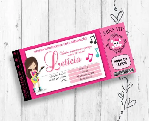 Convite Digital Show de Rock tipo Ingresso aniversário menina