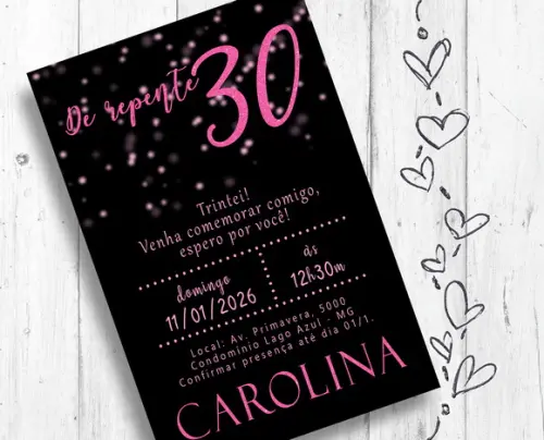 Convite Digital Trintei Aniversário 30 Anos Tema Pink Preto