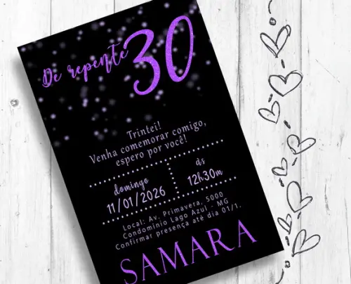 Convite Digital Trintei Aniversário 30 Anos Tema Roxo Preto