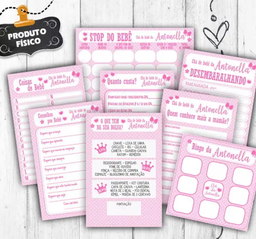 Kit 8 Brincadeiras Chá Bebê Rosa Cartelas para 30 Convidados