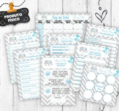 Kit 8 Brincadeiras Chá Elefante Azul Cartelas 30 Convidados