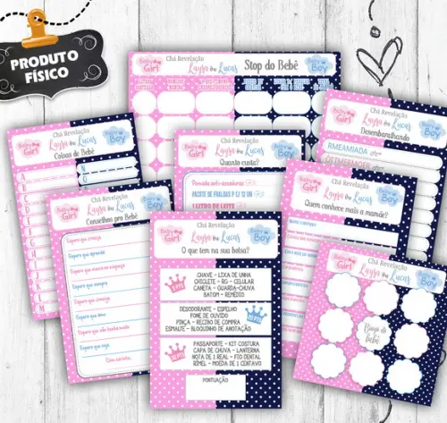 Kit 8 Brincadeiras Chá Revelação Azul Rosa 30 Convidados