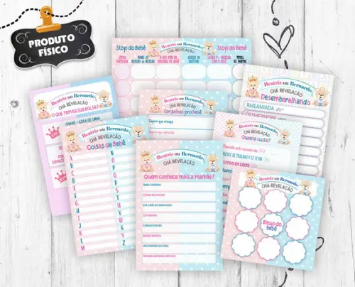 Kit 8 Brincadeiras Chá Revelação Cartelas para 30 Convidados