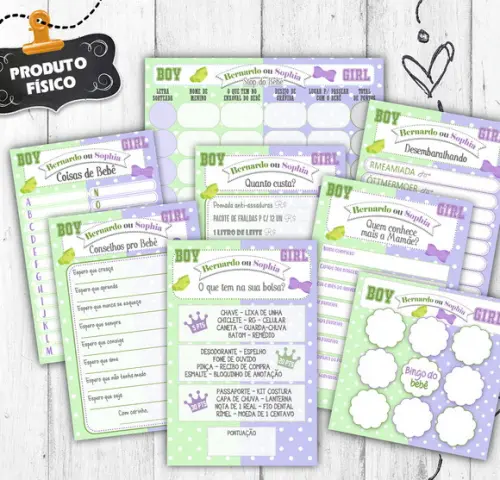 Kit 8 Brincadeiras Chá Revelação Lilás Verde 30 Convidados