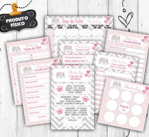 Kit 8 Brincadeiras Chá Elefante Rosa Cartelas 30 Convidados