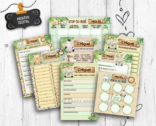 Kit 8 Brincadeiras Chá de Bebê Safari arquivo digital