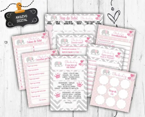 Kit 8 Brincadeiras Chá de Bebê Elefante Rosa arquivo digital