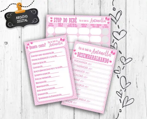 Kit 3 Brincadeiras Chá de Bebê Menina Rosa arquivo digital