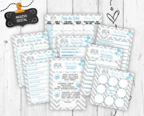 Kit 8 Brincadeiras Chá de Bebê Elefante arquivo digital para imprimir