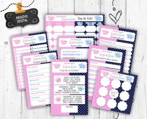 Kit 8 Brincadeiras Chá Revelação Rosa Azul Marinho Chá de Bebê arquivo digital