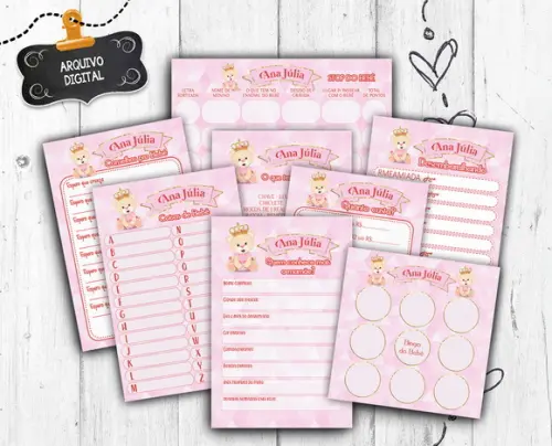 Kit 8 Brincadeiras Chá de Bebê Ursinha Princesa Rosa Coroa arquivo digital