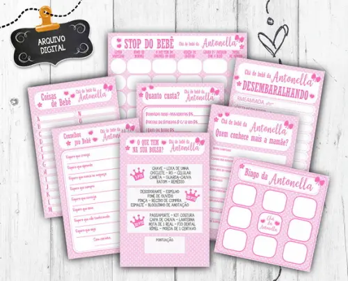 Kit 8 Brincadeiras Chá de Bebê Menina Rosa Arquivo digital