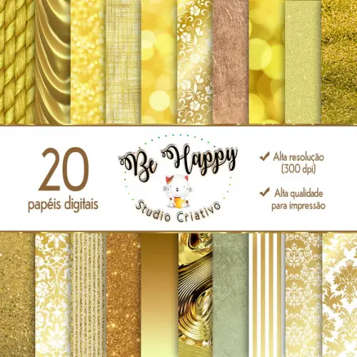 Kit 20 Papeis Digitais tema Dourado Gold