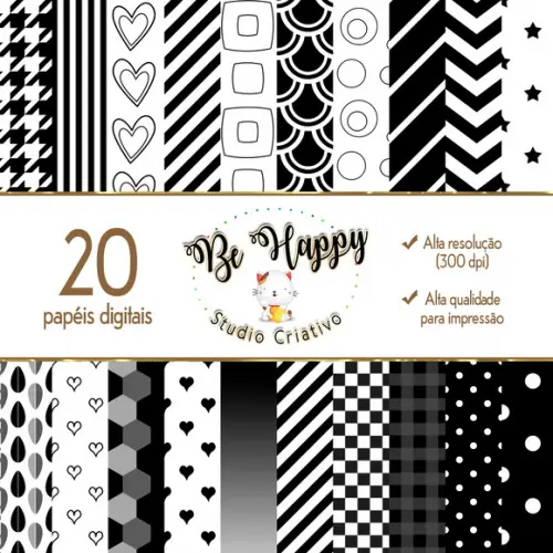 Kit 20 Papeis Digitais tema Preto e Branco