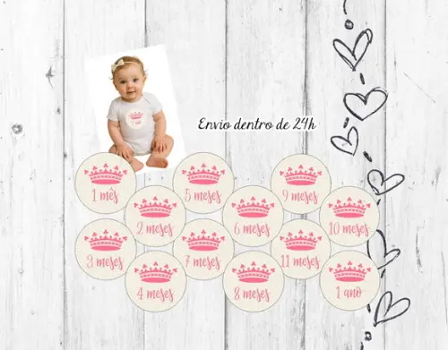 Kit Mesversário Coroa Princesa 12 Adesivos Bebê mês a mês