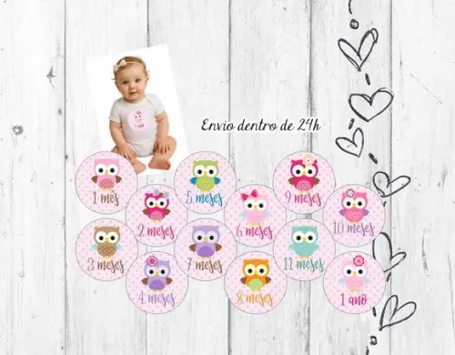 Kit Mesversário Corujinha 12 Meses Adesivos Bebê mês a mês
