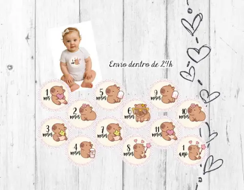 Kit Mesversário tema Capivara 12 Meses Adesivos Bebê mês a mês