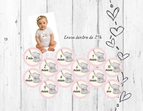 Kit Mesversário Elefante Rosa 12 Adesivos Bebê mês a mês