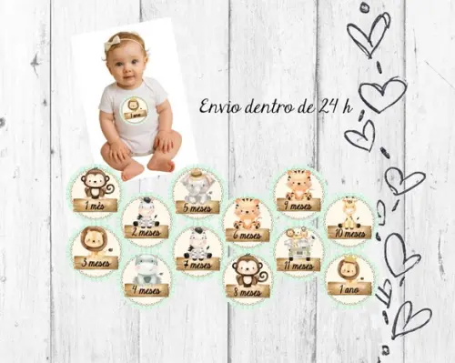 Kit Mesversário Safari Adesivos 12 Meses para bebê mês a mês