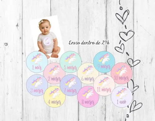 Kit Mesversário Unicórnio 12 Meses Adesivo Bebê mês a mês