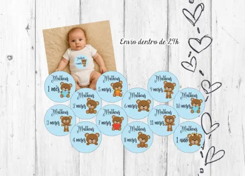 Kit Mesversário Ursinho com Nome 12 Meses mês a mês