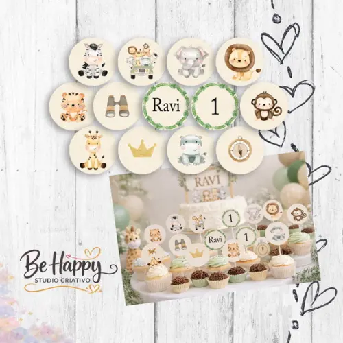 Topper Festa Safari Animais Aniversário Cupcake Kit c/ 13 un