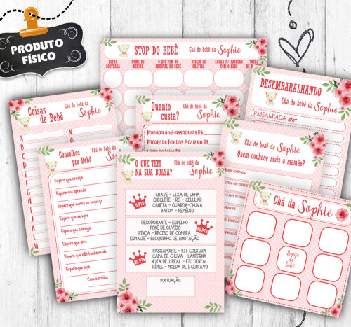 Kit 8 Brincadeiras Chá Bebê Rosa Vermelha para 30 Convidados