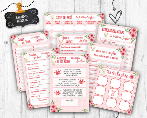 Kit 8 Brincadeiras Chá de Bebê Rosa vermelha ursinha arquivo digital