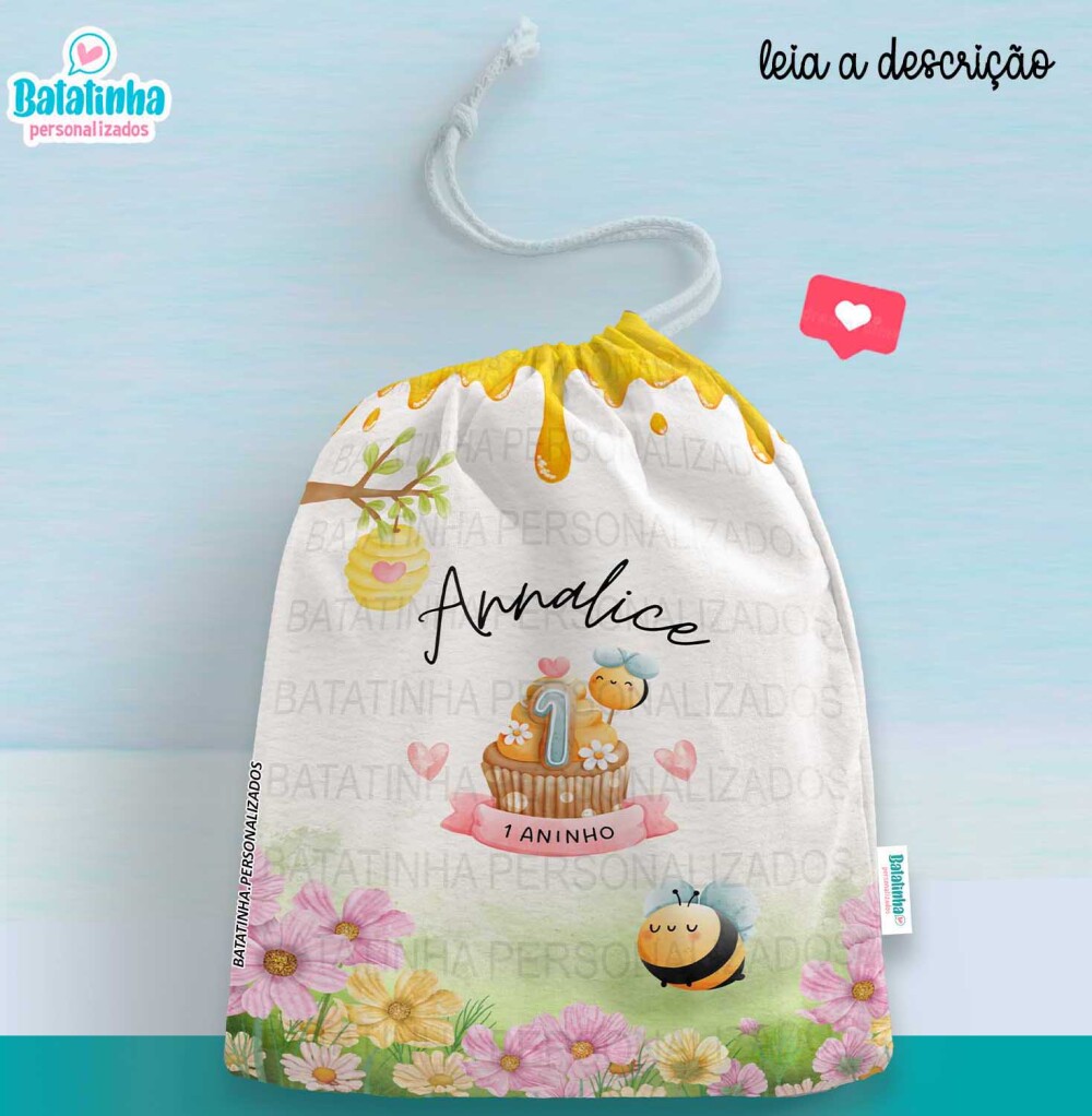 Saquinho Personalizado Abelha com Nome | Lembrancinha Infantil