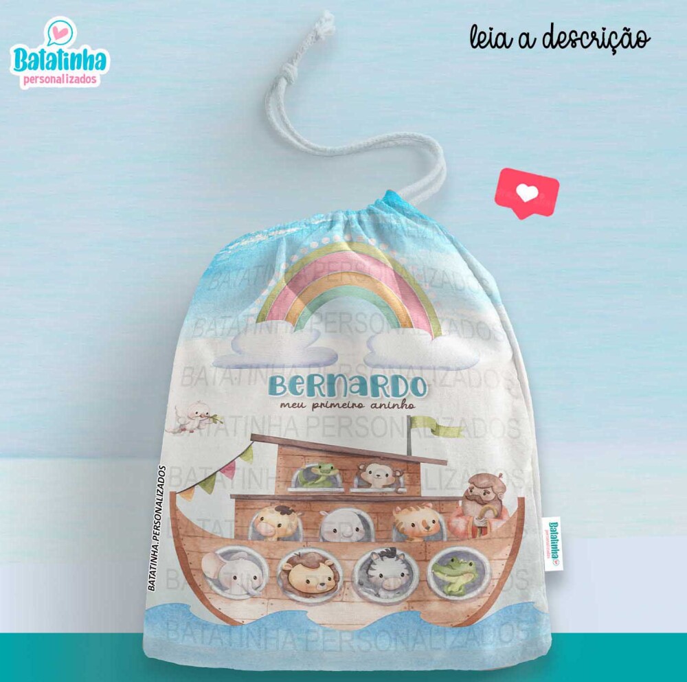 Saquinho Personalizado Arca de Noé com Nome | Lembrancinha Infan
