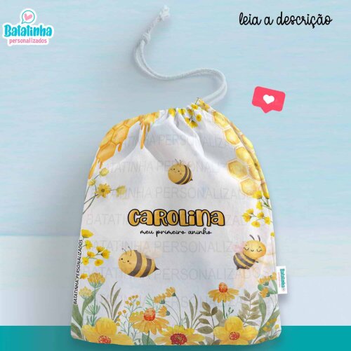 Saquinho Personalizado Abelha com Nome | Lembrancinha Infantil