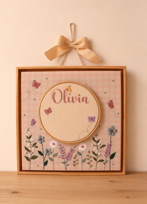 Quadro maternidade personalizado bordado à mão - Quadro Olívia
